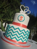 "Sara" Contemporary coral and teal chevron wedding cake.