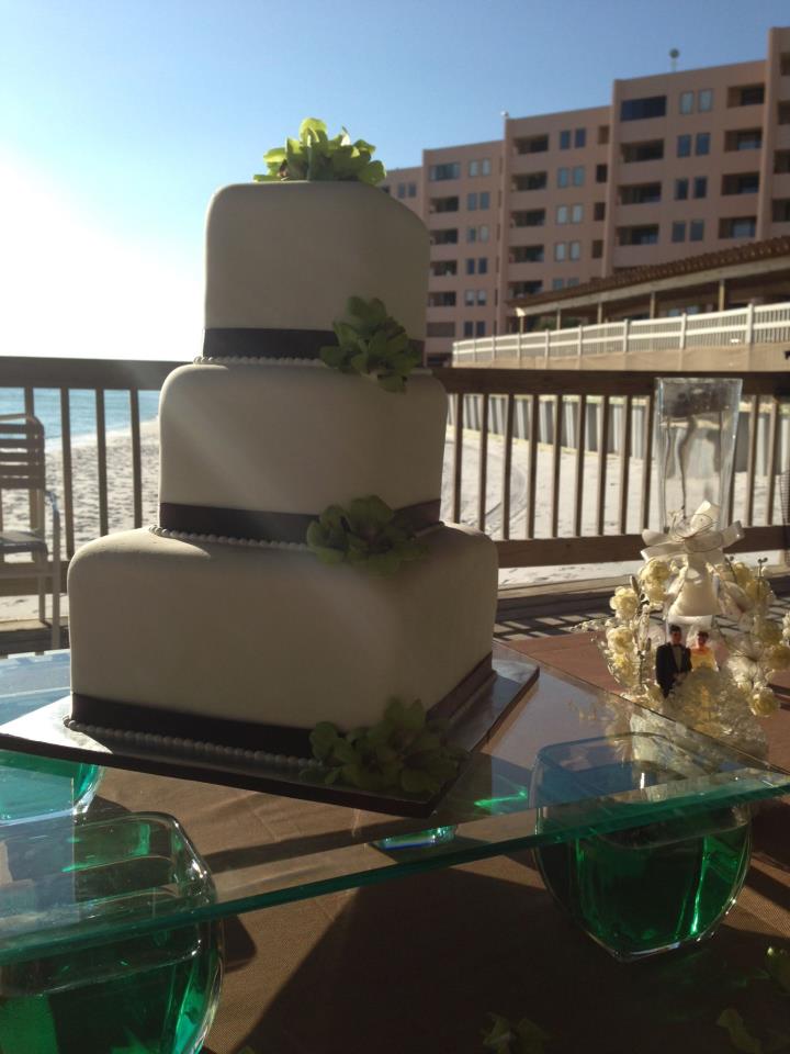 "Angela" white square wedding cake w/chocolate brown ribbon & lime green orchids - Feeds 70. MSRP $300